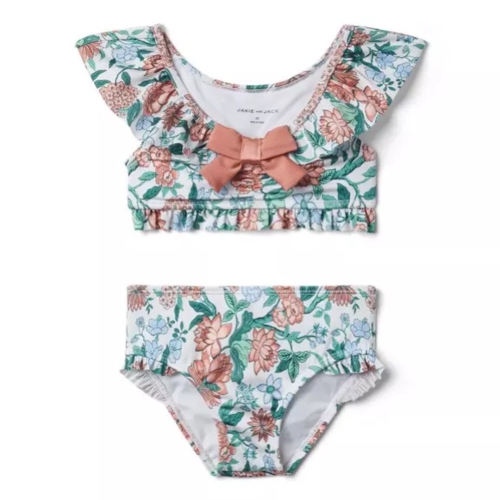 Janie and Jack Girls Floral Bow 2 Piece Swimsuit Size 7